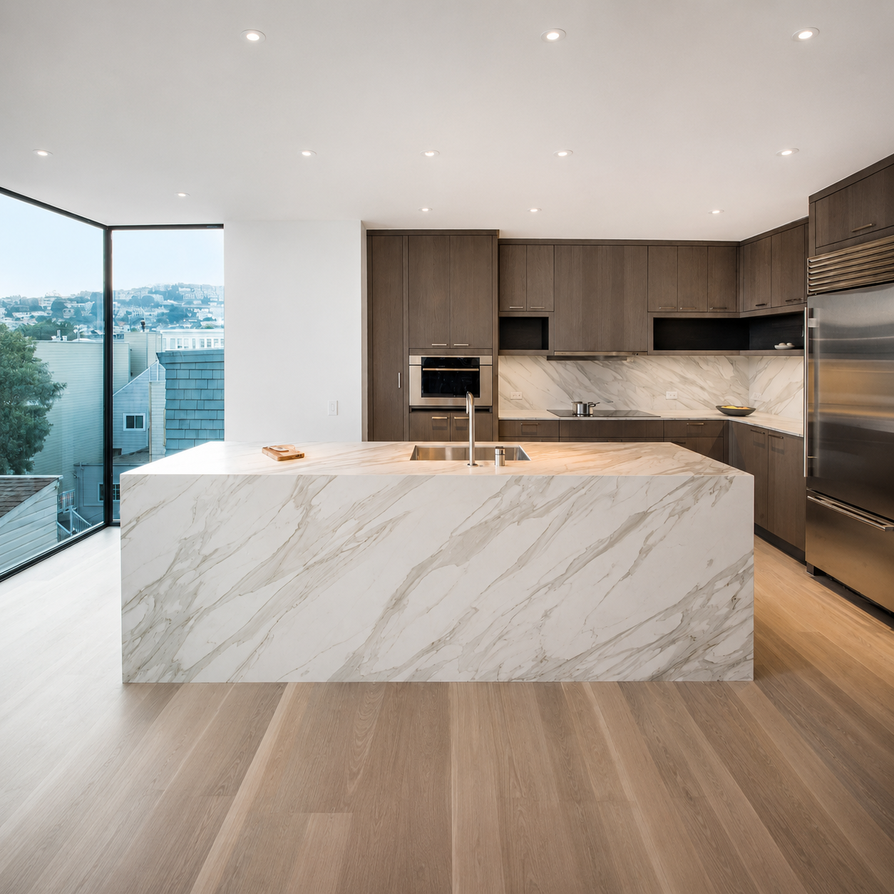 A modern kitchen featuring a large white marble island with gray veining, light wood flooring, dark wood cabinetry, and stainless steel appliances.| USA cabinets Outlet 