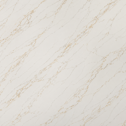 A close-up of a light beige or off-white marble-like surface with delicate warm gold veining running diagonally across the frame.| USA Cabinets Outlet 