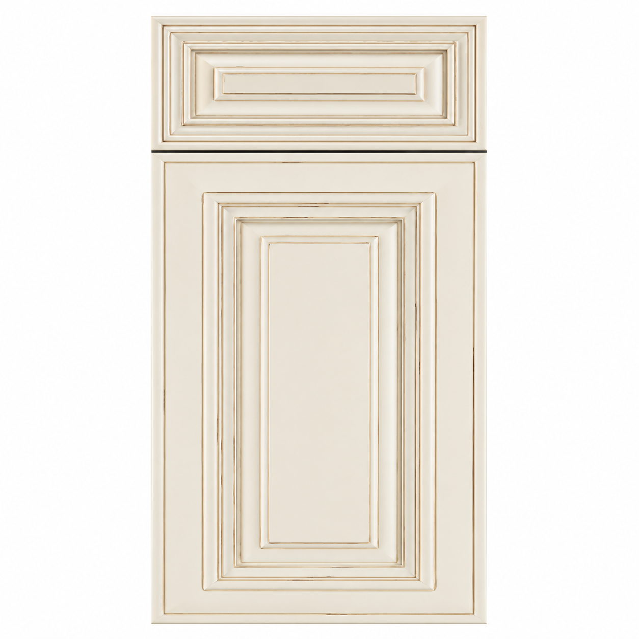 Beige cabinet door with decorative molding on a white background ( USA Cabinets Outlet )