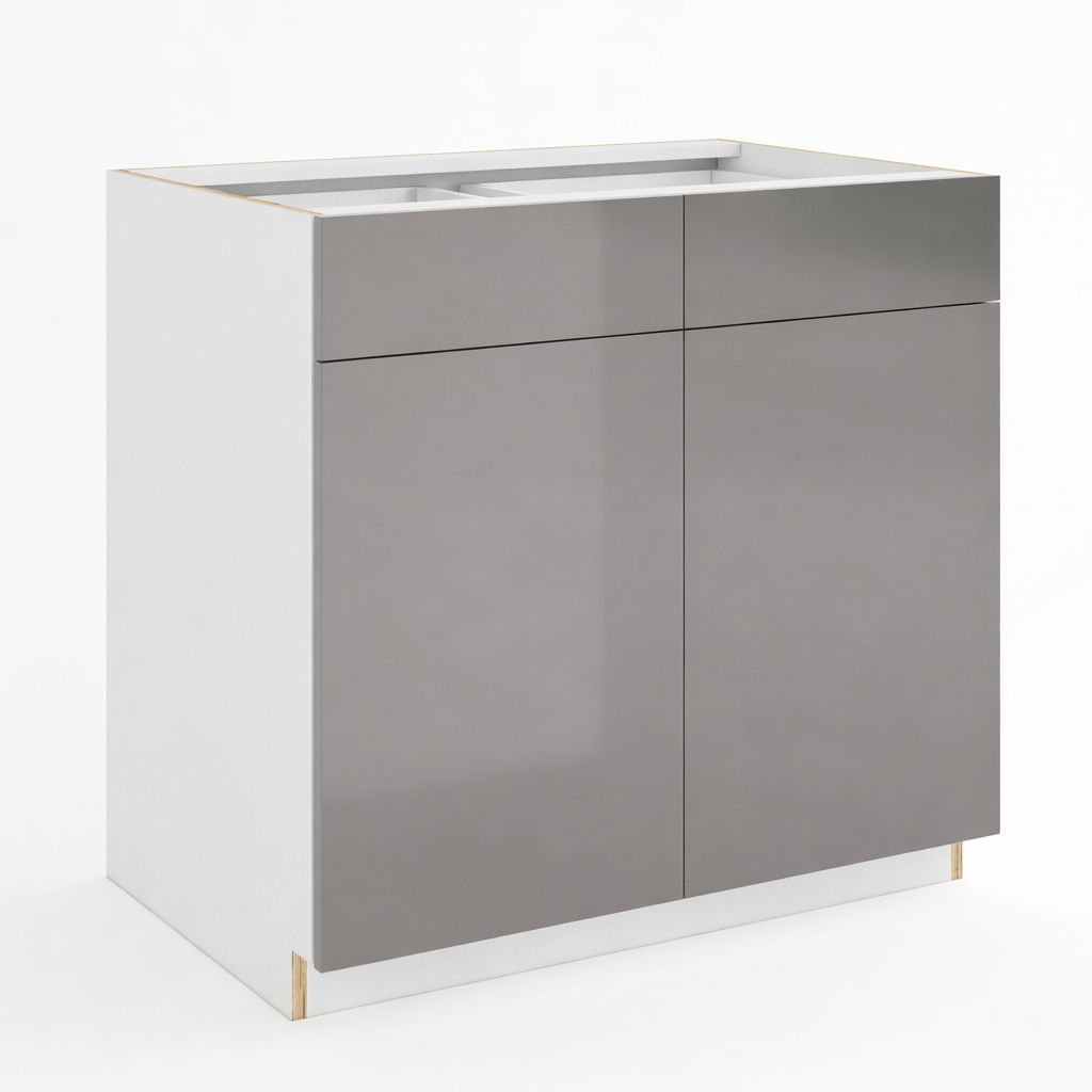 Frameless Gloss Gray Sink Base With Double Doors and Double Dummy Drawer