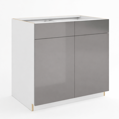 Frameless Gloss Gray Sink Base With Double Doors and Double Dummy Drawer