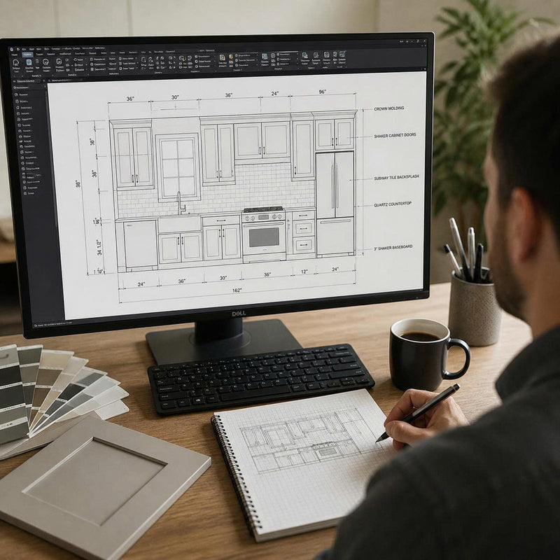 Person working on a computer with architectural plans at a desk. ( USA Cabinets Outlet ) 