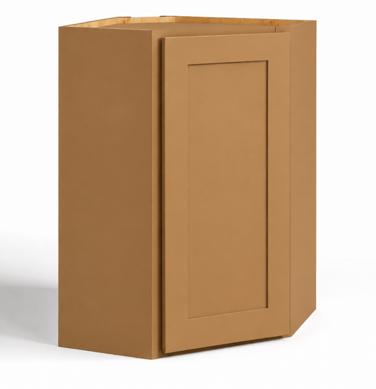 English Toffee Shaker Wall Diagonal Corner Cabinet – 27"W × 12"D