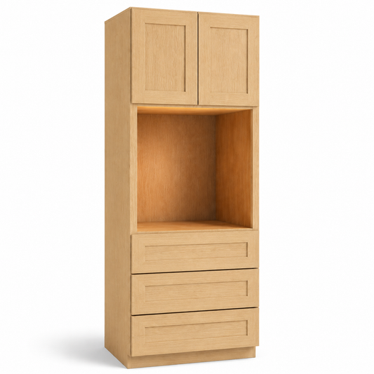English Toffee Shaker Oven Pantry Cabinet, 27" Deep, 3 Drawers – Kitchen Storage Cabinet
