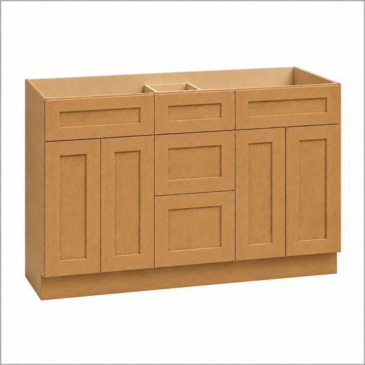 A light oak wood kitchen base cabinet with shaker-style doors and drawers, featuring a double sink cutout on top, shown on a plain white background| USA Cabinets Outlet