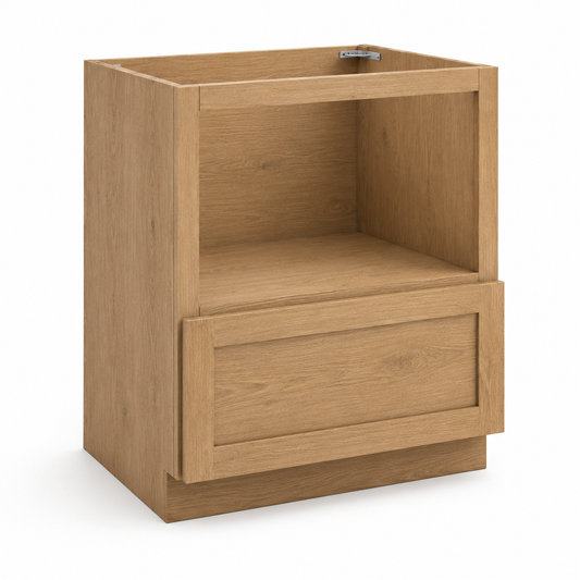 A light oak wood nightstand or side table with a single open top shelf and one front drawer, shown on a clean white background ( USA Cabinets Outlet )
