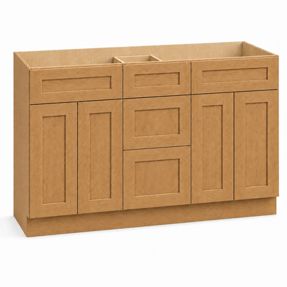 English Toffee Shaker 60"W Double Sink Vanity Drawer Base Cabinet