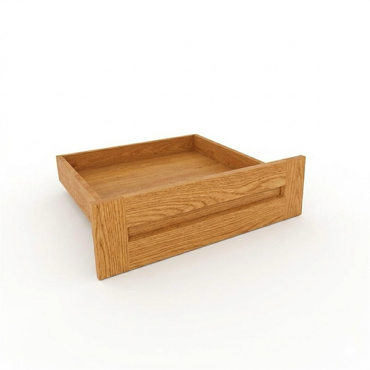 Wooden drawer on a white background at USA Cabinets Outlet.