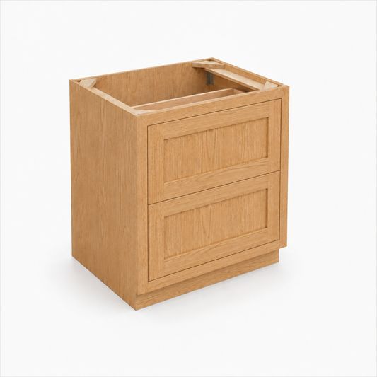 A light oak wood double-drawer cabinet base with an open top and integrated shelf, shown on a clean white background.| USA Cabinets Outlet|