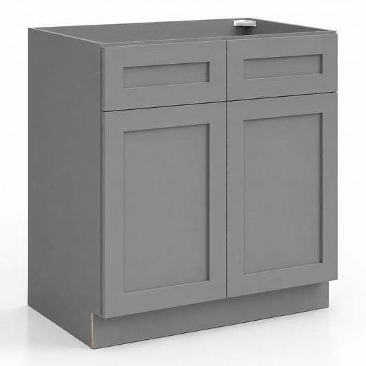 Gray cabinet with two doors and two drawers on a white background|USA Cabinets Outlet|
