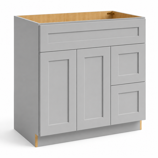 Gray kitchen cabinet with wooden interior on a white background|USA Cabinets Outlet |