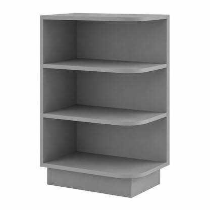 A three-tier corner bookcase with curved front edges, shown in a solid gray color on a plain white background.| USA Cabinets Outlet |