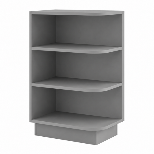 A three-tier corner bookcase with curved front edges, shown in a solid gray color on a plain white background.| USA Cabinets Outlet |