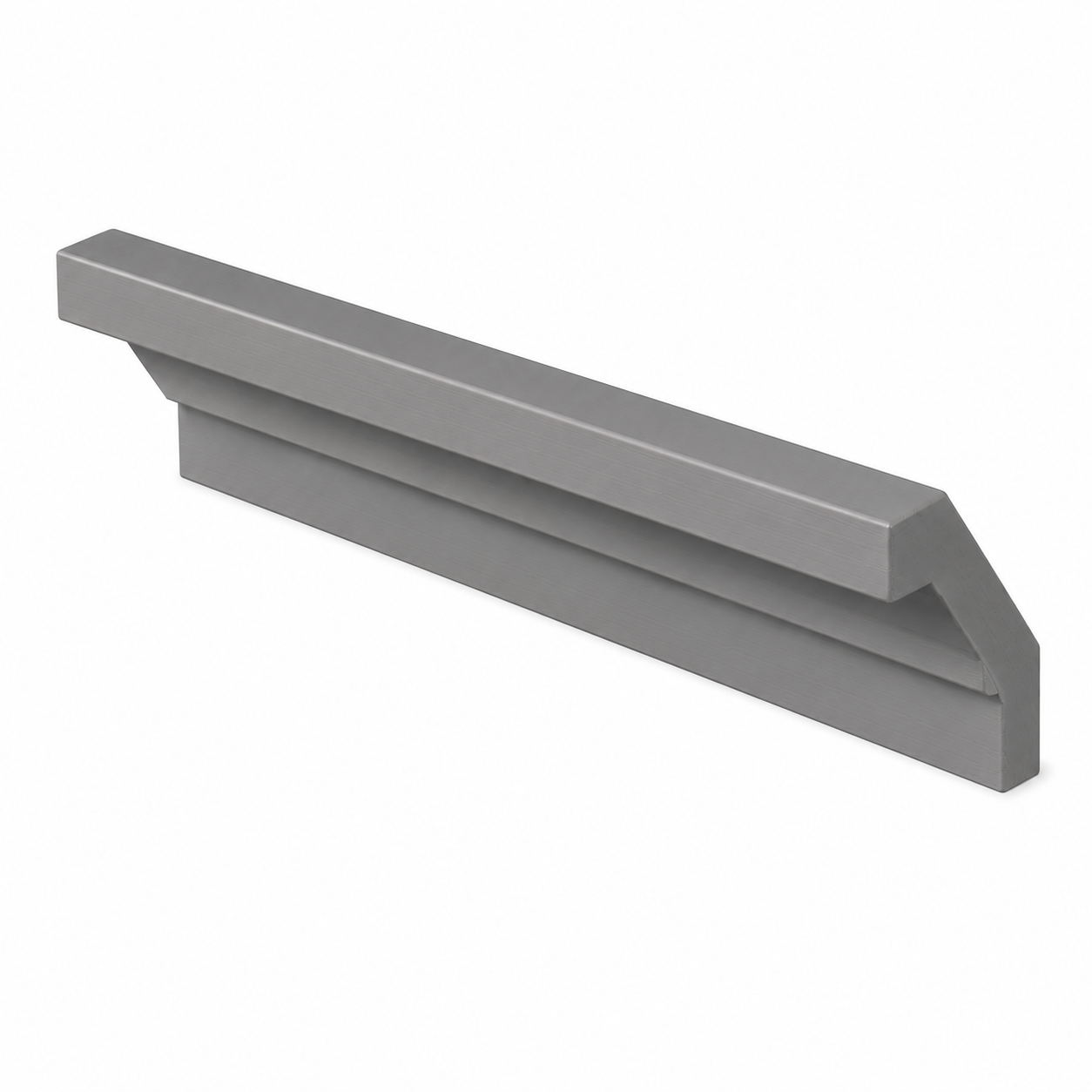 A long, rectangular gray metal or plastic trim piece with a stepped, beveled top edge, shown on a plain white background | USA Cabinets Outlet 