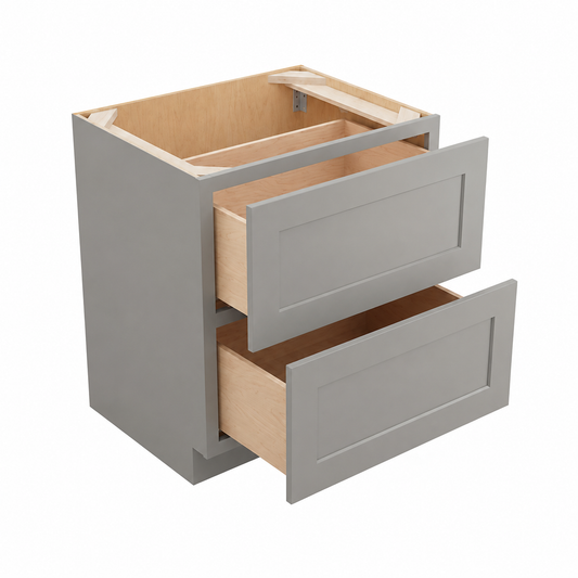A gray double-drawer undercounter cabinet with open top and partially pulled-out drawers showing a light natural wood interior, isolated on a white background.|USA Cabinets Outlet |