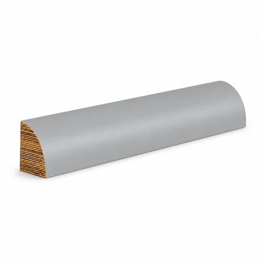 A curved gray PVC or polypropylene trim piece with a visible wood grain cross-section showing brown wood layers, isolated on a white background | USA Cabinets Outlet 