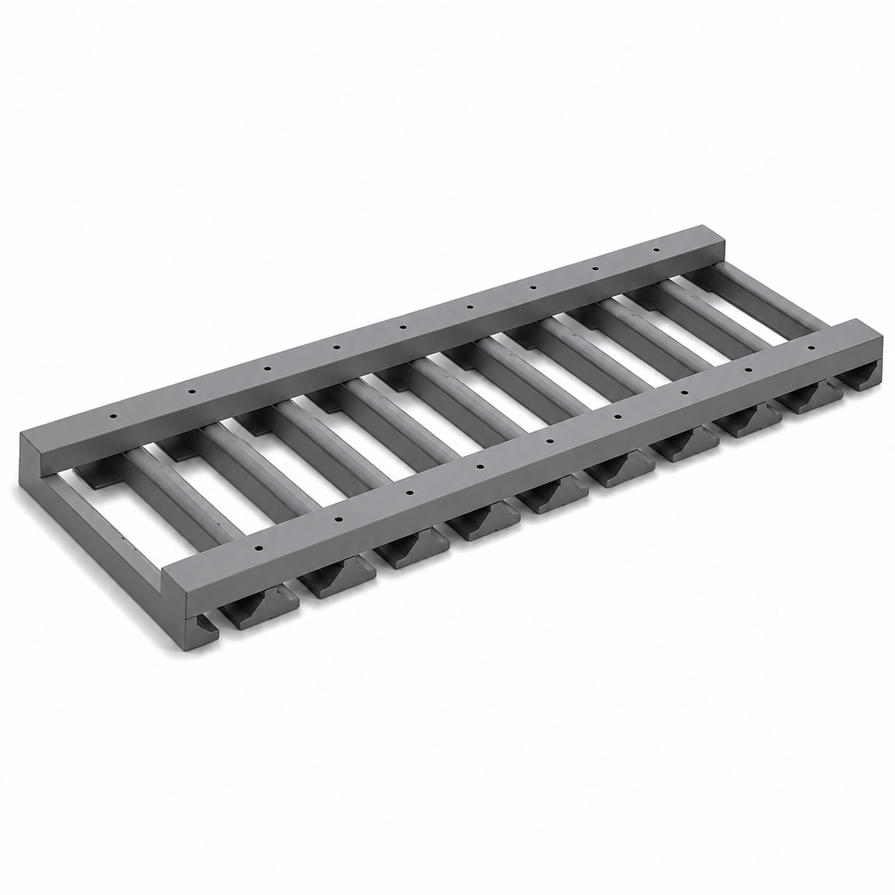 A dark gray metal ladder-style rack or guard rail component with parallel slats and triangular support feet, shown on a plain white background  USA Cabinets Outlet