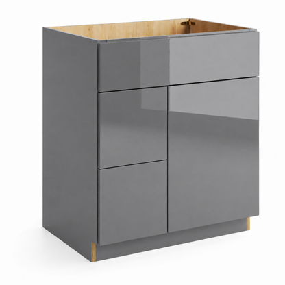 A modern kitchen base cabinet in glossy dark gray with a light natural wood interior top and small wood feet, shown on a white background | USA Cabinets Outlet 
