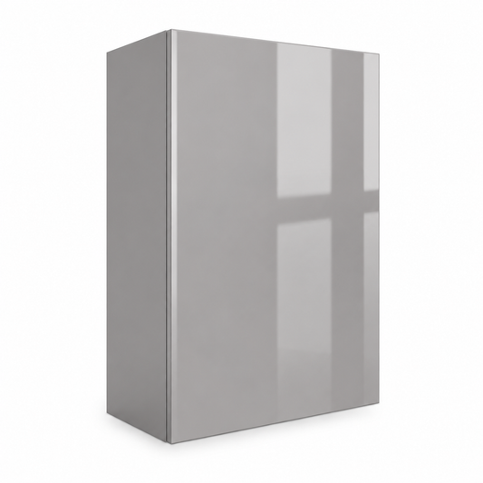 A modern wall-mounted medicine cabinet with a glossy high-shine gray finish, shown at a three-quarter angle on a white background at USA Cabinets Outlet