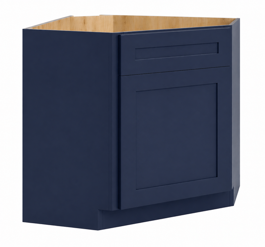 Navy Blue Shaker Corner Sink Base Cabinet with False Drawer