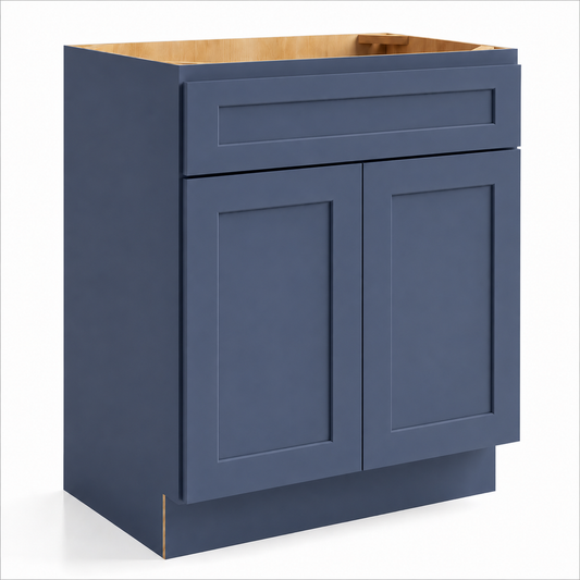 Blue cabinet with wooden top on a white background |USA Cabinets Outlet |