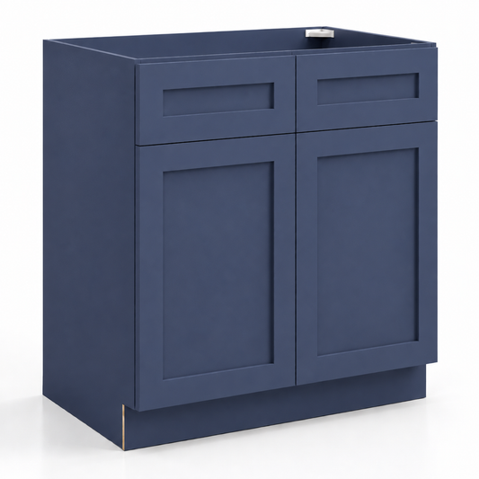 Blue cabinet with two doors and two drawers on a white background|USA Cabinets Outlet|