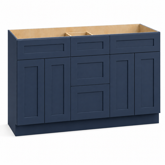 Navy Blue Shaker 60"W Double Sink Vanity Drawer Base Cabinet