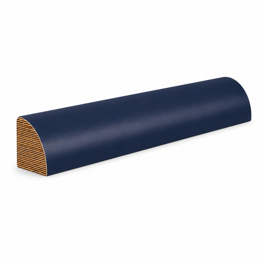 A navy blue curved protective cover or sleeve with a layered wood-grain patterned end, shown on a solid white background | USA Cabinets Outlet 