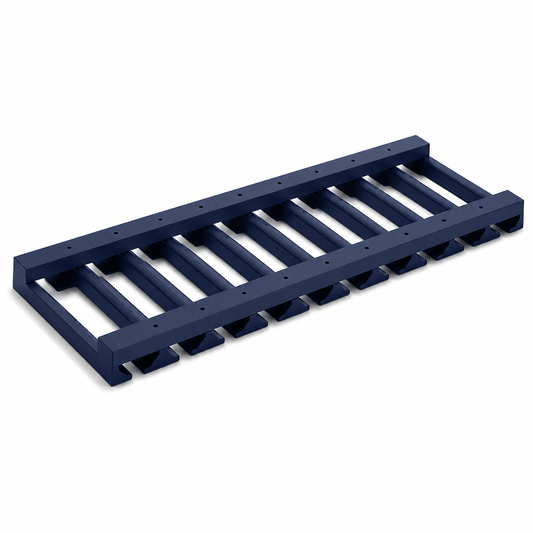 A dark navy blue metal ladder-style rack or guard rail component, shown at an angle on a clean white background |USA Cabinets Outlet 