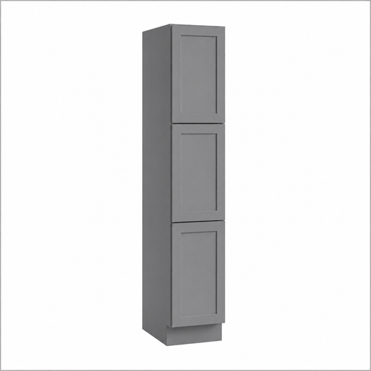 A tall, narrow gray cabinet with three stacked doors in a shaker-style design, shown on a plain white background at USA Cabinets Outlet