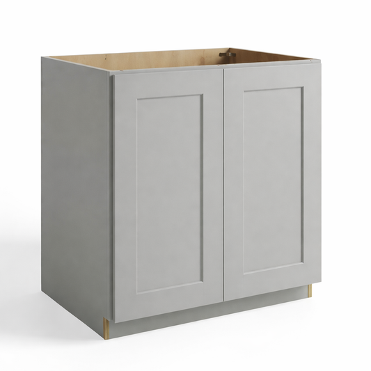 Gray base cabinet with two doors on a white background at USA Cabinets Outlet