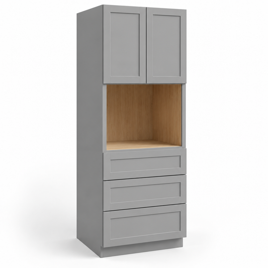 A tall gray storage cabinet with two upper doors, an open middle shelf showing a light wood interior, and three lower drawers, shown on a white background at USA Cabinets Outlet