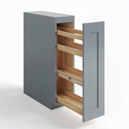 Gray cabinet with a wooden interior on a white background| USA Cabinets Outlet|