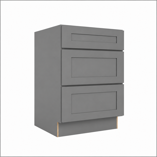 A three-drawer kitchen cabinet in a matte medium gray finish, shown from a three-quarter angle against a light gray background.| USA Cabinets Outlet