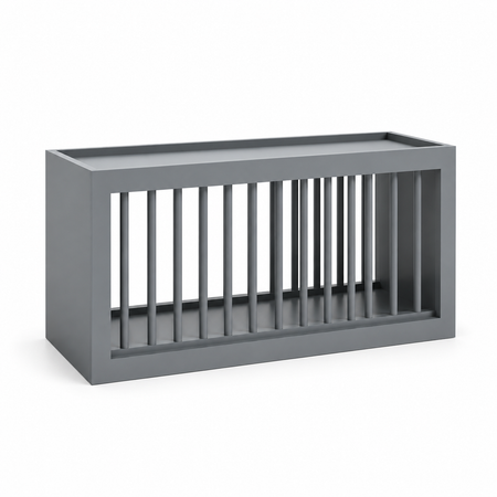 Gray metal crib with horizontal bars on a white background