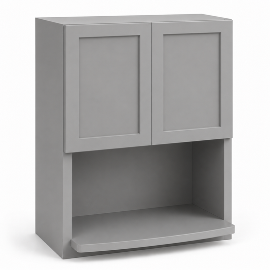 Gray storage cabinet with two doors and a shelf on a white background|USA Cabinets Outlet|