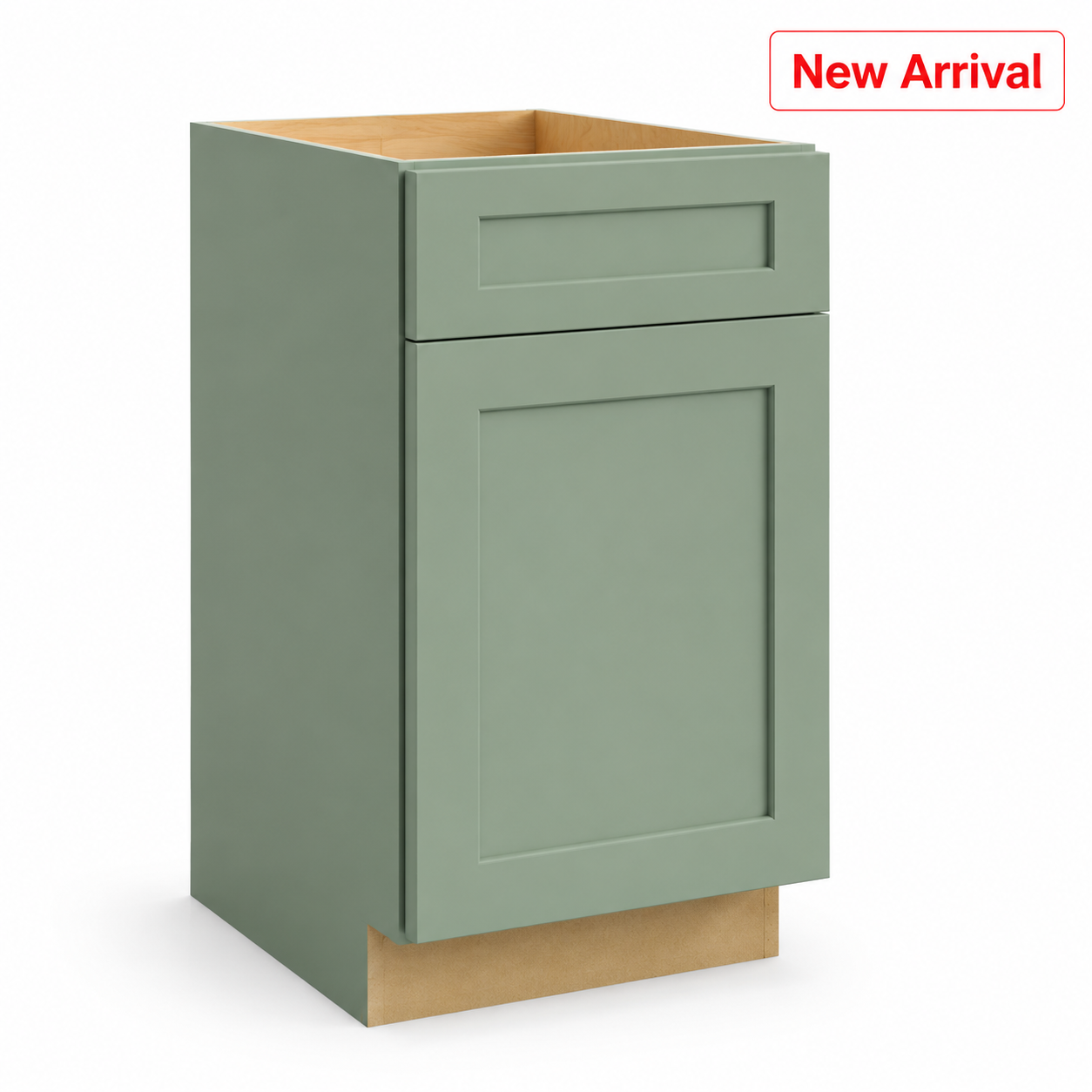 Green kitchen cabinet with a 'New Arrival' label on a white background ( USA Cabinets Outlet)