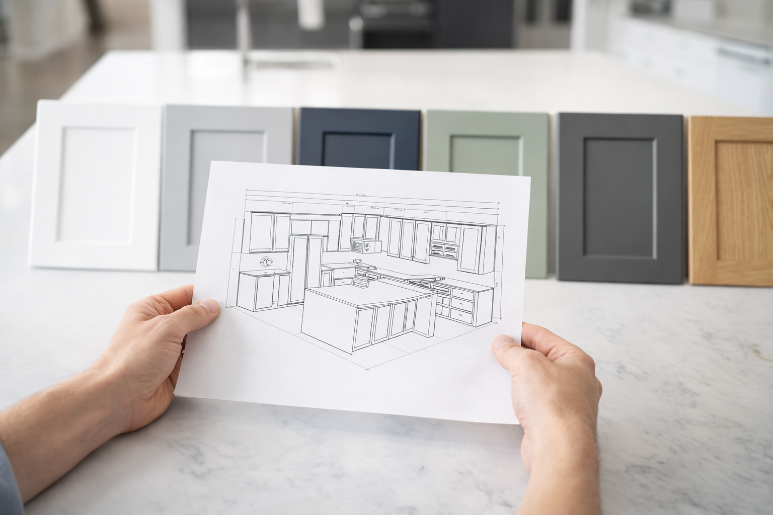Person holding a kitchen design drawing with color swatches in the background ( USA Cabinets Outlet )