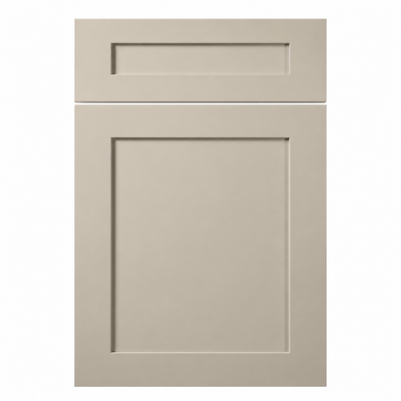 Beige cabinet door with a rectangular panel on a white background