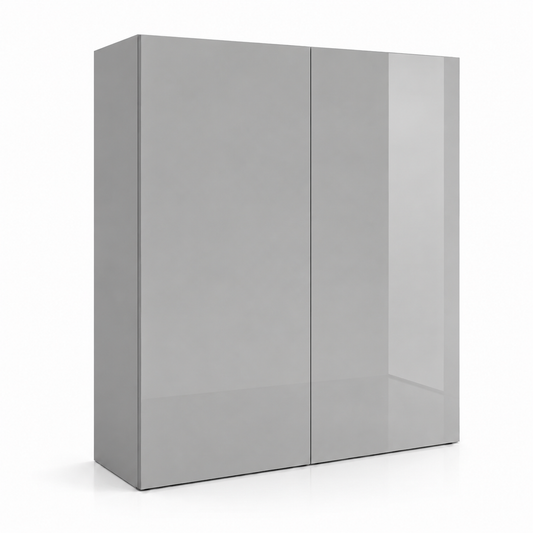 A modern two-door cabinet with a glossy high-gloss finish, featuring one solid gray door and one mirrored glass door, shown on a clean white background.| USA Cabinets Outlet|