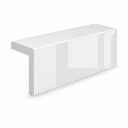 A glossy white rectangular shelf or console table with a left-facing lip, shown at an angle on a clean white background at USA Cabinets Outlet.