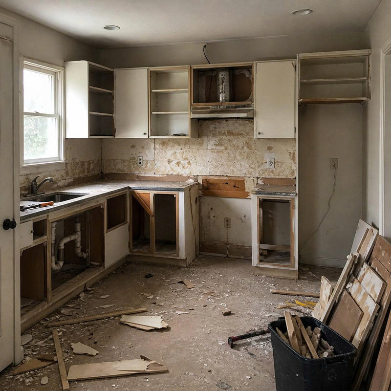 Dismantled kitchen with removed cabinets and scattered debris. ( USA Cabinets Outlet ) 