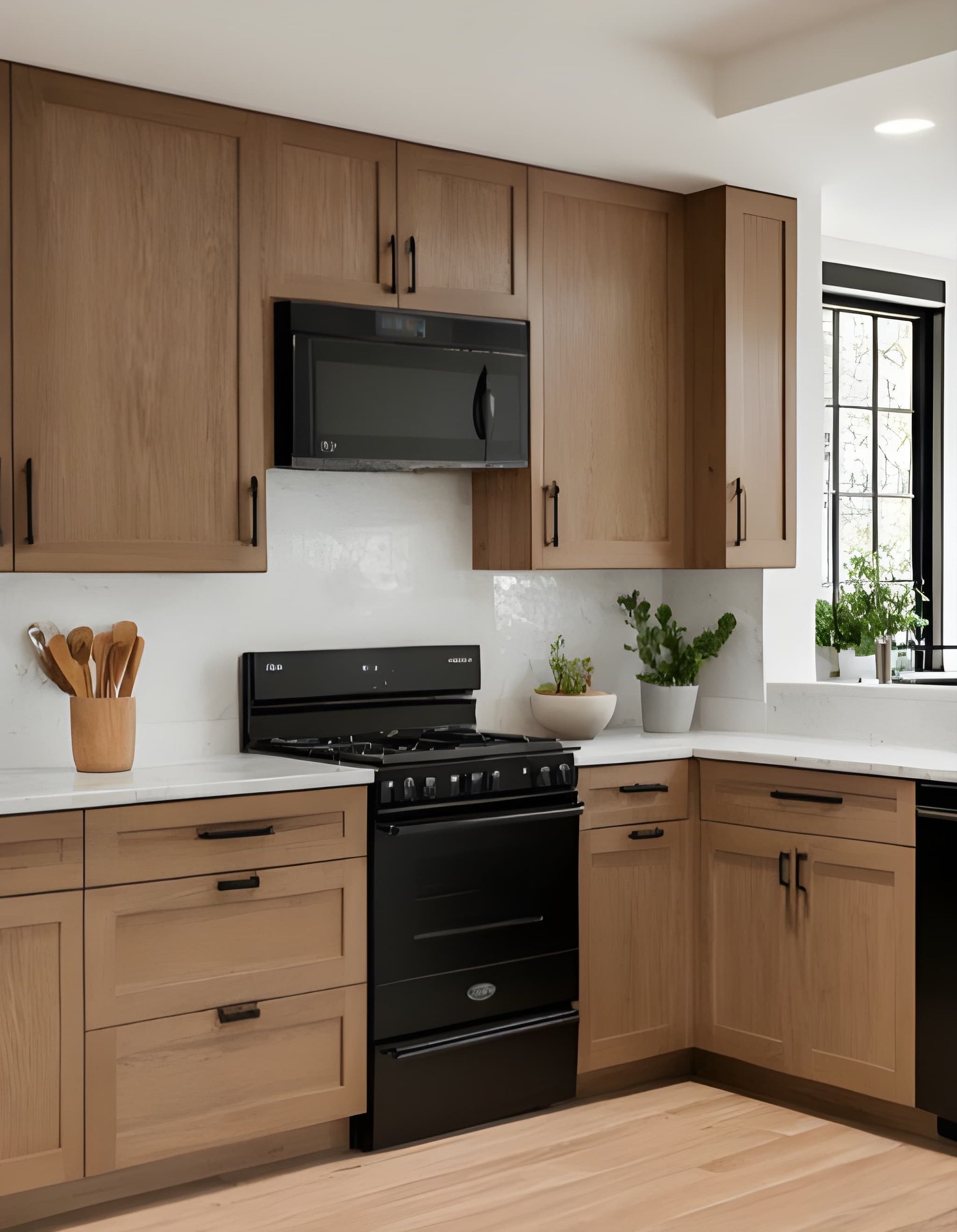 Modern kitchen with english toffee oak cabinet at USA Cabinets Outlet.