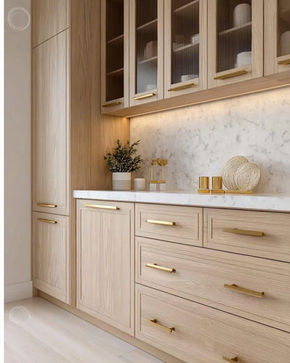 Modern kitchen with natural oak cabinets at USA Cabinets Outlet.