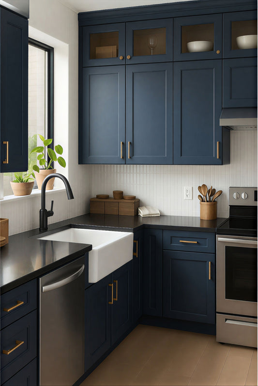 Modern kitchen with navy blue cabinets at USA Cabinets Outlet.