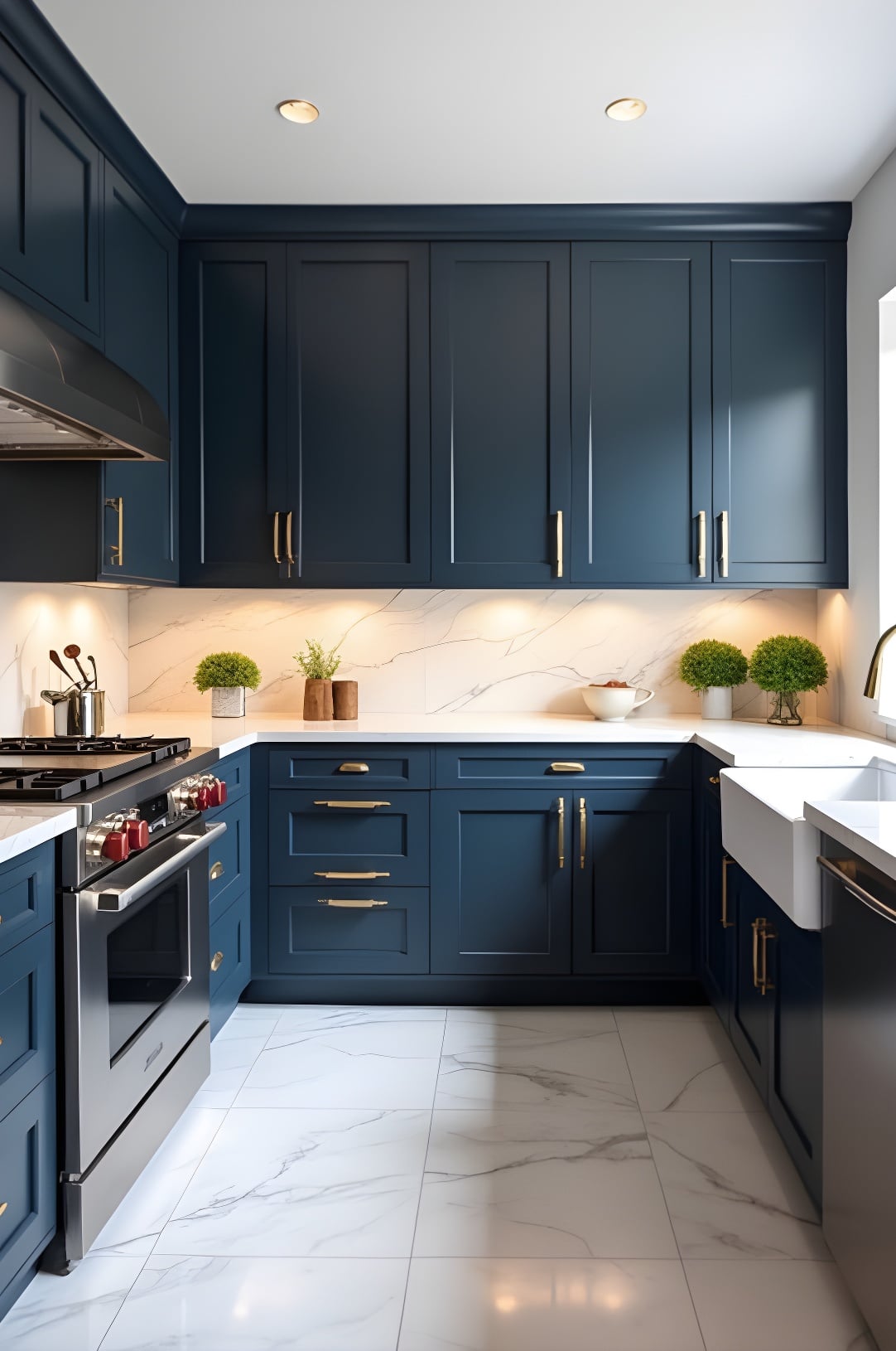 Modern kitchen with navy blue cabinets at USA Cabinets Outlet.