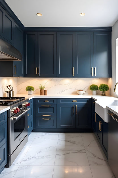 Modern kitchen with navy blue cabinets at USA Cabinets Outlet.