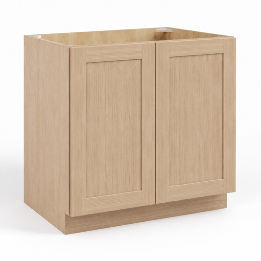 A light oak wood double cabinet base with shaker-style doors and a hollow front, shown on a clean white background at USA Cabinets Outlet