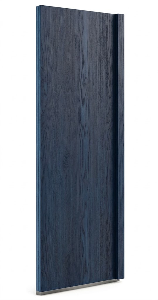 A tall, narrow dark blue wood-grain panel or door with a subtle bevelled edge, shown against a plain white background at USA Cabinets Outlet.