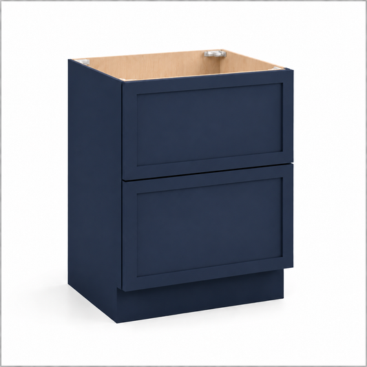 A navy blue two-drawer kitchen cabinet base shown from a three-quarter angle, revealing the natural wood interior and silver mounting holes, set against a plain white background.| USA Cabinets Outlet|